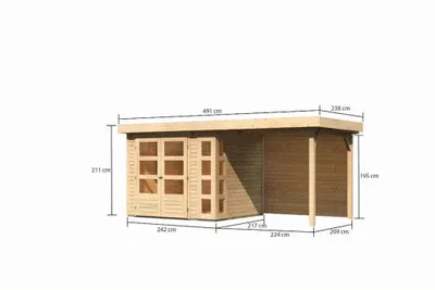 Produktbild von Gartenhaus Kerko 4 naturbelassen im Set mit Anbaudach 2,80 m Breite und 19 mm und Rückwand