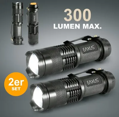 Produktbild von Mini Taschenlampen Glow-X 1x 2er-Set mit 1 T6 LED, 300 lm, 200 m Reichweite, 3 Lichtmodi und Zoom Eaxus