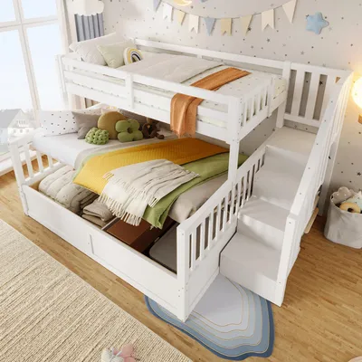 Produktbild von Flieks Hydraulisches Etagenbett 90x200cm/140x200cm mit Stauraum, Kinderbett mit Treppe und Rausfallschutz, Hochbett mit Lattenrost, Weiß