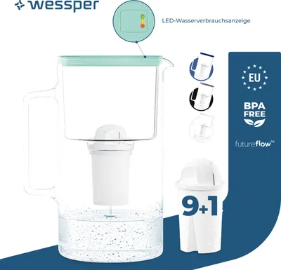 Immagine prodotto di Caraffa filtrante in vetro borosilicato Wessper D2 FutureFlow 3l | Caraffa filtrante Wessper da 3,3 l Sistema di filtraggio dell'acqua Menta | Cartuccia filtro acqua 10x