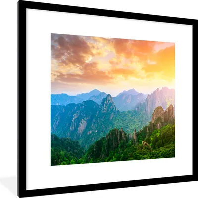 Produktbild von MuchoWow® Gerahmtes Poster Berge - Bäume - Sonnenuntergang - Natur 40x40 cm - Poster mit Schwarzem Bilderrahmen Wandposter Rahmen Foto Bilder - Poster - Plakat im Rahmen