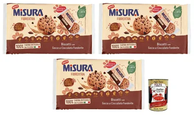 Produktbild von 3x Misura Fibrextra,100% Vollkorn-Mürbeteig,Kekse mit dunklen Schokoladentropfen,Packung mit 280g, Italian Gourmet Polpa di Pomodoro 400g Dose