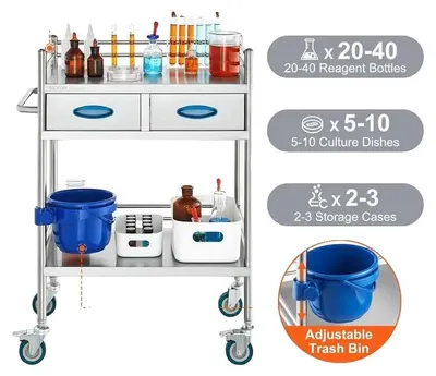 Image de Table de laboratoire, en acier inoxydable, 2 niveaux, 2 tiroirs, capacité de charge de 100 kg, roulettes verrouillables