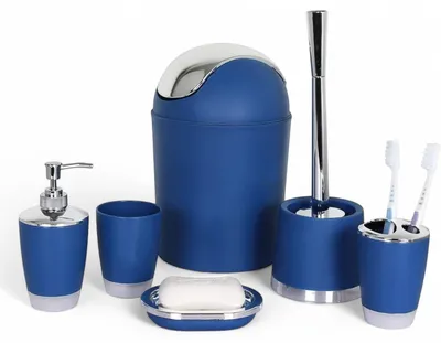 Produktbild von 6tlg Badset Badezimmer Zubehör Set Organizer: (Dunkelblau Design 1) Seifenspender, Zahnputzbecher, Kosmetikeimer, WC Bürste, Seifenschale, Mülleimer