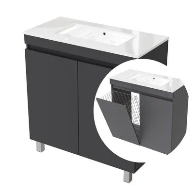 Produktbild von Badezimmerschrank RIBERA mit Keramik Waschbecken und Wäschekorb Eiche Lancelot oder Anthrazit matt, robusteMöbelplatte stehend oder hängend