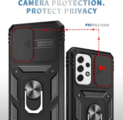 Two black phone cases are shown, one larger and one smaller, with a diagram indicating camera protection.