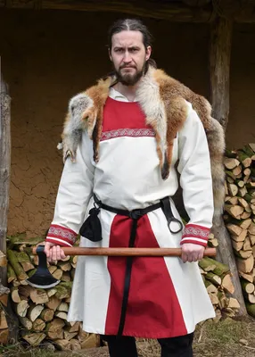 Produktbild von Wikinger Tunika Halvar mit Stickerei, natur/rot - Mittelalterkleidung Herren LARP Mittelalter Kostüme Verkleidung Größe: L