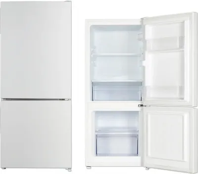 A white refrigerator-freezer combination is shown from the front, with the refrigerator door open to reveal the interior.