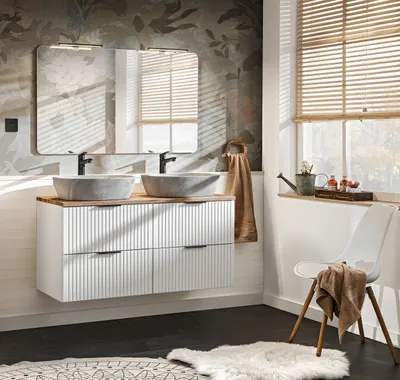 Produktbild von MONTIERT Design Badmöbel Set mit 2 Waschbecken ADEL WEISS 120 cm MDF SOFT-CLOSE Waschtisch Spiegel
