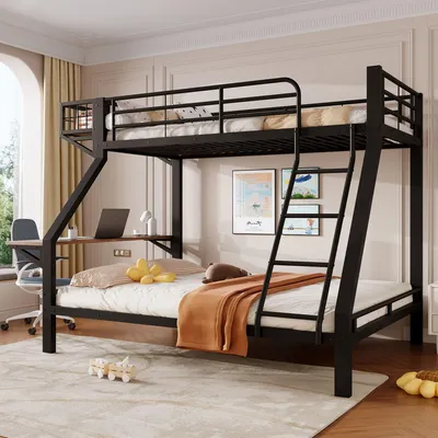 Obrázek produktu pro Postel na patro Merax, rozměry 90 x 200 / 140 x 200 cm, s pracovním stolem, patrová postel s otevřenou úložnou zásuvkou, žebříkem a bezpečnostní zábranou, dětská postel, postel pro mládež, černá barva