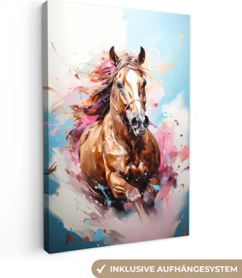 Produktbild von MuchoWow® - Leinwandbilder - Pferd - Mädchen - Blau - Rosa, Wandbild, Wanddeko Bilder Wohnzimmer, 60x90cm