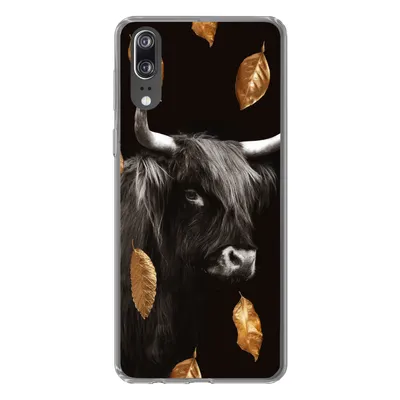 Produktbild von MuchoWow® Handyhülle Schutzhülle Hülle für Huawei P20 Schottischer Highlander - Blätter - Gold - Schwarz Silikon Softcase Handy Hülle - Hardcover