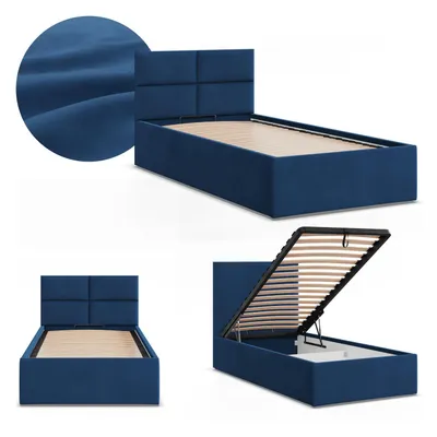 Produktbild von Einzelbett 90x200 Polsterbett BORGO mit Bettkasten, hochklappbarer Lattenrost, Stauraum, Dunkelblau