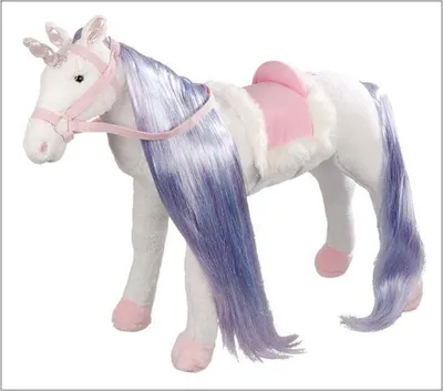 A plush unicorn toy with a pink saddle and bridle, and a long purple and blue mane and tail.