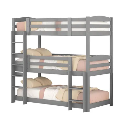 A three-tier bunk bed with mattresses and pillows, shown against a white background.