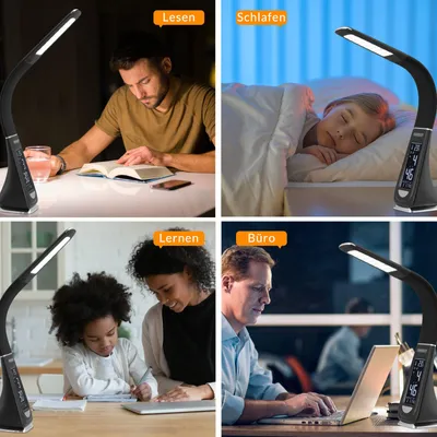 Image de Lampe de Bureau à LED Noir 4en1 Multifonction Lampe Calendrier Montre thermomètre Maison Lampe de Table Salon luminaire