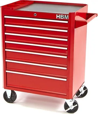 Image de Chariot de manutention avec 7 plateaux de chargement - 66 cm - en acier rouge.