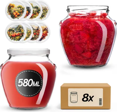 Productafbeelding van KADAX Inmaakpotten, 580 ml, met schroefdeksel, diameter 82 mm. Schroefpotten met deksel, honingpotten, inmaakpotten voor het inmaken van honing, fruit en groenten, jam potten (Fruitgaard, 8 stuks)