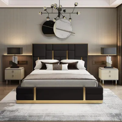 Produktbild von Schwarzer Schlafzimmer Bett Designer Holz Doppelbett Luxus Edelstahlbett
