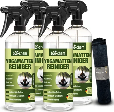 Produktbild von bio-chem Yogamatten-Reiniger - 4x 750 ml inkl. Mikrofasertuch - für Kunststoff- Kork und Textilmatten Sportmatten Bodenmatten
