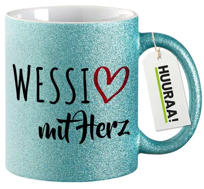 Produktbild von Huuraa Glitzertasse Wessi mit Herz 330ml Blau Keramik Kaffeebecher Geschenkidee