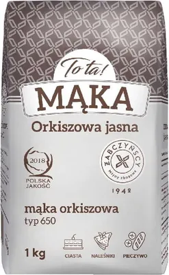 A bag of flour with product information and branding.