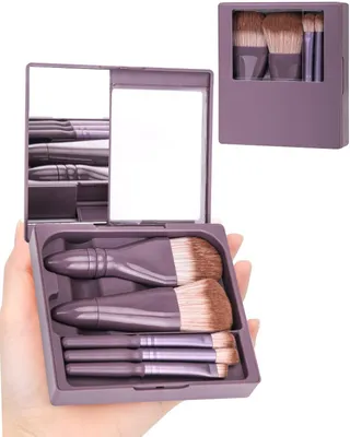 Immagine prodotto di Omgoods - Set mini pennelli da trucco con custodia rigida e specchio, color viola scuro