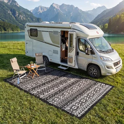 Produktbild von EVOCAMP Outdoor Teppich 270x300 cm, Kunststoffteppich, wetterfest für Terrasse, schwarz-weiß
