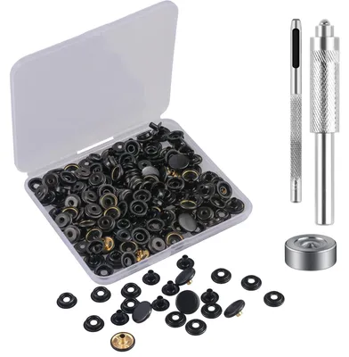 Druckknopf-Set 50 Stück, schwarz, Metall, 15 mm, mit Werkzeug