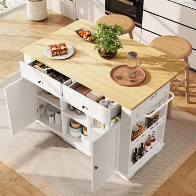 Produktbild von Kücheninsel und Küchenwagen mit Steckdosenleiste, Küchenschrank und Servierwagen mit Arbeitsplatte, Buffetschrank und Speisewagen mit Holzmaserung in Weiß