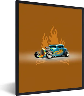Produktbild von MuchoWow® Gerahmtes Poster Auto - Gelb - Flammen - Vintage 60x80 cm - Poster mit Schwarzem Bilderrahmen Wandposter Rahmen Foto Bilder - Premium - Wanddeko Wohnzimmer