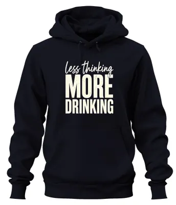 Productafbeelding van Minder denken, meer drinken. Grappige alcohol-, feest- en bier-thema's. Hoodie voor een vrijgezellenfeest, marineblauw, maat L