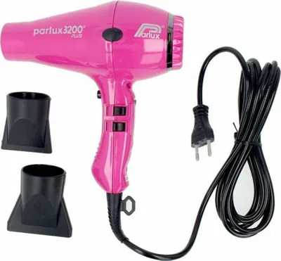 A pink Parlux 3200 Plus hair dryer with two black nozzle attachments and a black power cord is displayed against a white background.