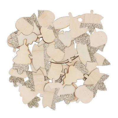 Produktbild von 48 Holzsilhouetten mit goldenen Glitzerblättern