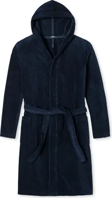 A studio shot of a navy blue hooded bathrobe.