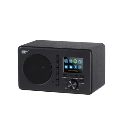 A black internet radio with a screen and speaker, presented on a white background.