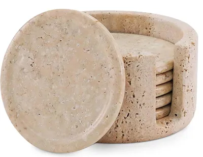 Immagine prodotto di Set di 6 sottobicchieri rotondi in travertino, diametro 8,9 cm, con supporto