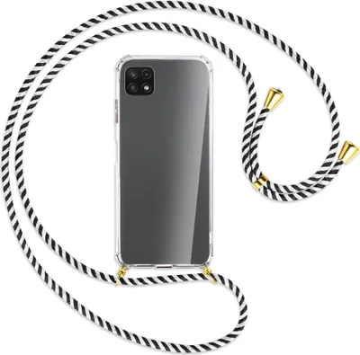 Produktbild von Handykette Backcover-Schutzhülle mit Band (Metall goldfarben) für Samsung Galaxy A22 5G (A226) - schwarz/weiß gestreift
