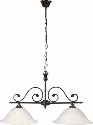 A hanging chandelier with two white glass shades.