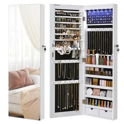 Produktbild von SONGMICS Schmuckschrank Spiegelschrank mit LED und Ganzkörperspiegel, weiß