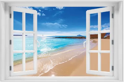 Produktbild von Wallario Wandbild mit Fenster-Illusion: Traumstrand unter blauem Himmel, Größe: 61 x 91,5 cm, Poster mit weißem Aluminiumrahmen