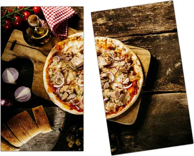 Produktbild von Spritzschutz Herdabdeckplatte Schneidebrett aus Glas Pizza auf Holztisch 2-Teilig (60x52cm)