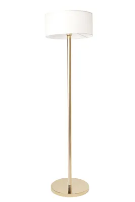 A floor lamp with a gold-colored pole and base, and a white cylindrical lampshade, isolated on a white background.