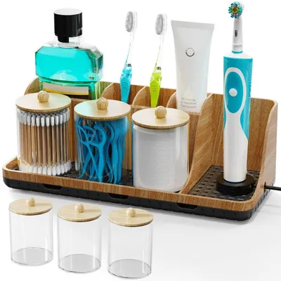 Immagine prodotto di Porta spazzolini con contenitore per Cotone fioc, supporto per spazzolino elettrico e dentifricio, organizer da bagno, effetto legno