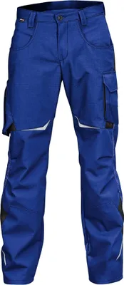 A pair of blue work pants displayed against a white background.
