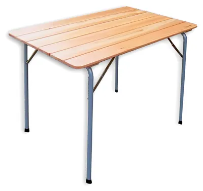 Zdjęcie produktu dla Składany stolik z drewna larzy, wymiary 100 x 60 cm, łatwy w składaniu, idealny do użytku na zewnątrz i podczas campingów