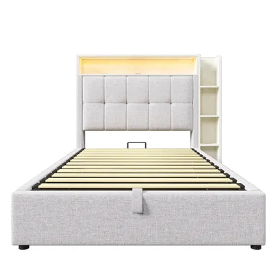 Produktbild von Polsterbett mit LED-Beleuchtung und Stauraum, 90x200 cm, Kopfteil gepolstert, Typ-C, USB, Einzelbett, Leinen