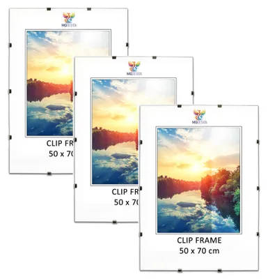 Produktbild von MG Design Cliprahmen Set 3 Stück 50x70 cm - rahmenlos mit Acrylglas & HDF-Rückwand, für Fotos/Poster/Puzzle, hoch/quer