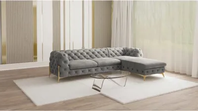 Produktbild von S-STYLE MÖBEL - Chesterfield Ecksofa mit Ottomane rechts Nova mit Goldene Metall Füßen aus Grau Samtstoff, B/T/H: 305 cm/ 200 cm/ 75 cm