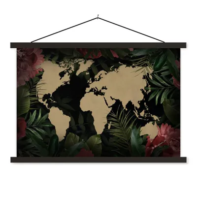 Produktbild von MuchoWow® Textilposter Weltkarte - Blumen - Tropische Pflanzen 90x60 cm mit schwarzem Rahmen - Aufhängungssatz